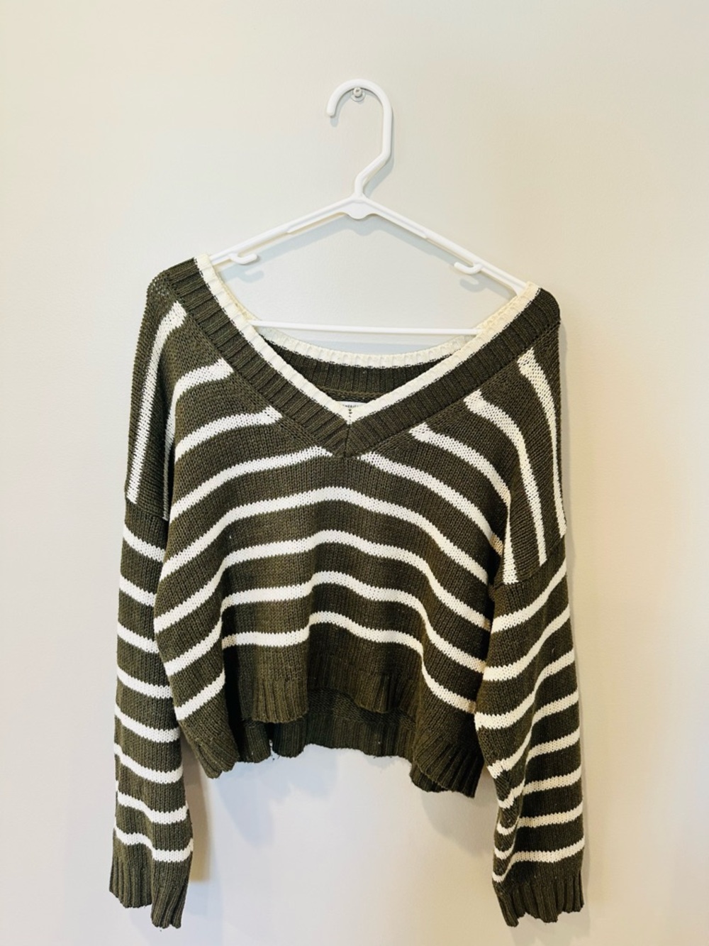 American Eagle Outfitters Olive & White Striped V-Neck Sweater